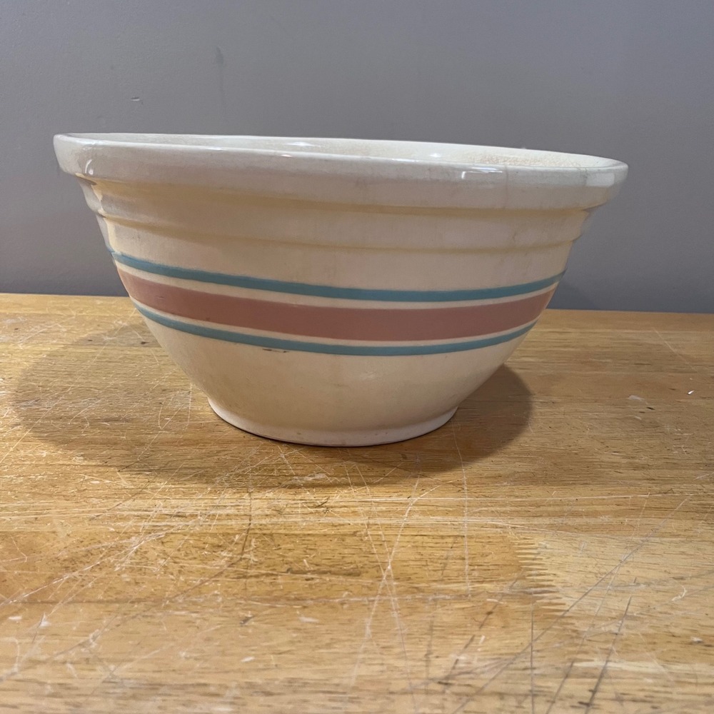 Vtg McCoy Oven Ware #12 Large Stoneware Mixing Bowl Pink Blue Stripe Farmhouse